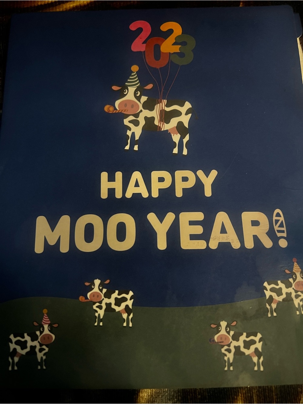 Happy Moo Year Banner Card — Navy Blue Cow New Year Greeting